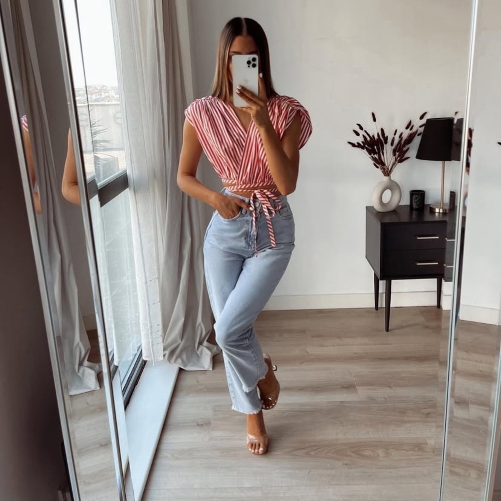 ZARA STRIPED POPLIN TIE TOP Medium